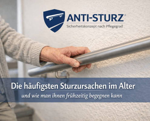 Senior nutzt sicheren Handlauf im Treppenhaus zur Sturzprävention